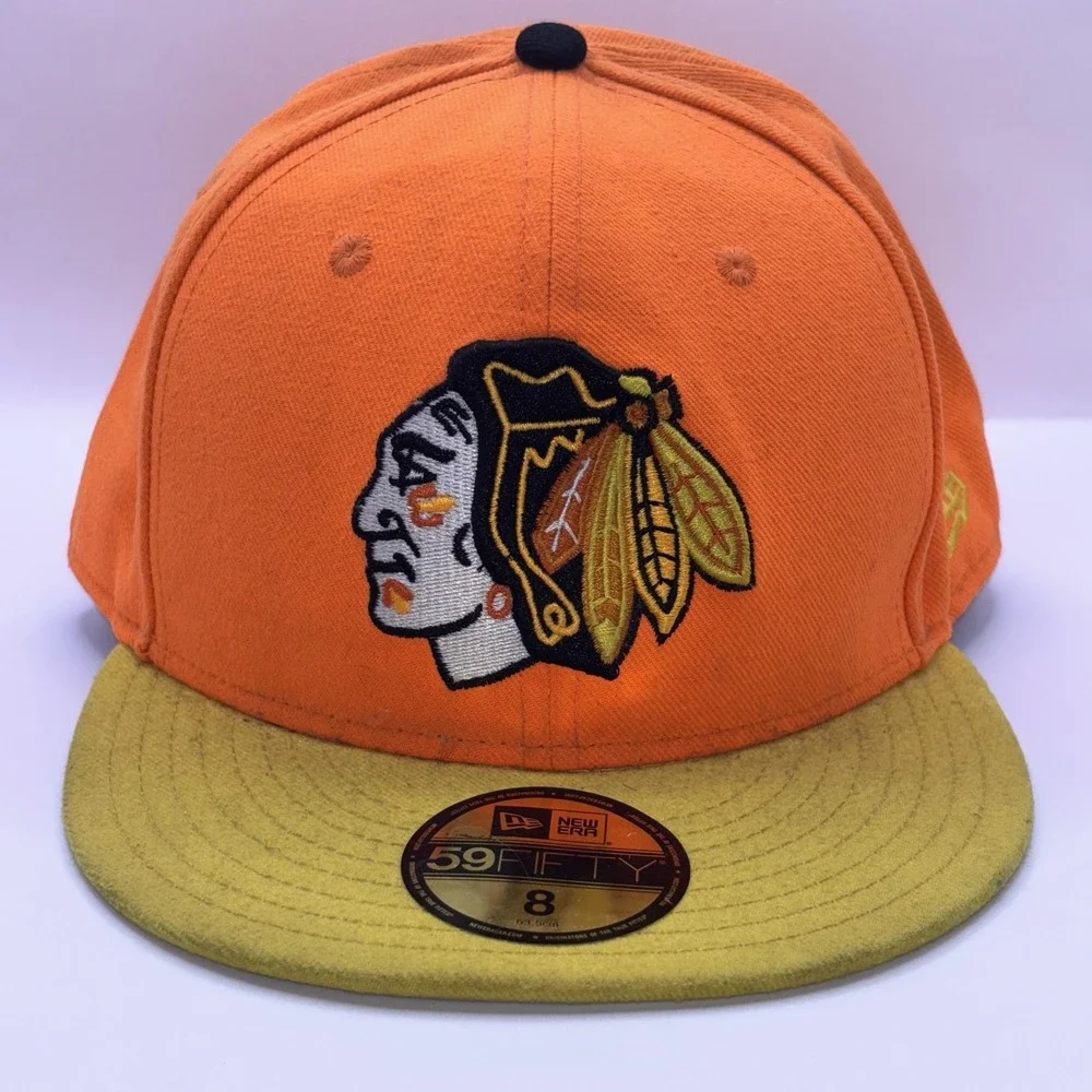 New Era 59FIFTY Chicago Blackhawks Fitted Hat Orange Green Size 8 NHL Cap